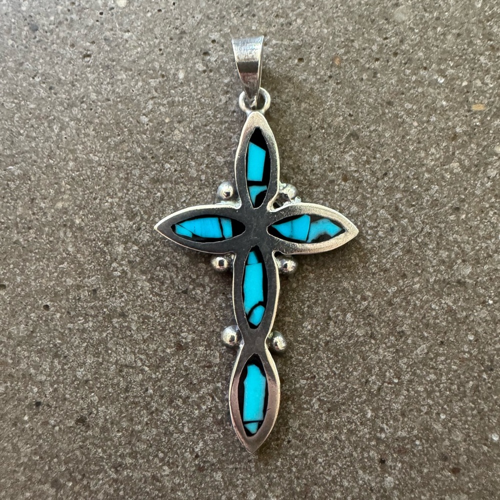 Authentic Sterling Silver Turquoise Cross Pendant from Mexico - Chain Included